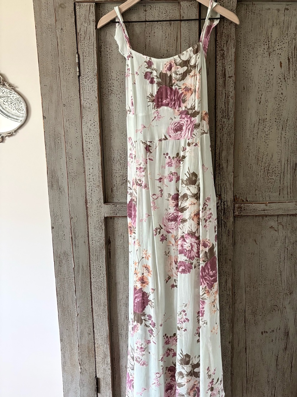 April Cornell Maxi Floral Dress in Mint, Mauve, and Brown